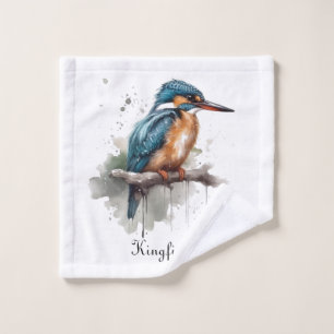 Kingfisher sitting on a branch in water colour wash cloth