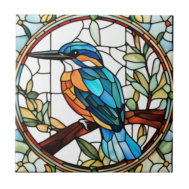 Kingfisher Stained Glass Orange Blue Bird  Tile (Front)
