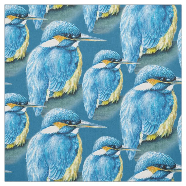 Kingfisher watercolor bird art blue fabric (Swatch)