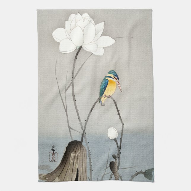 Kingfisher with Lotus Flower - Ohara Koson -  Kitchen Towel (Vertical)