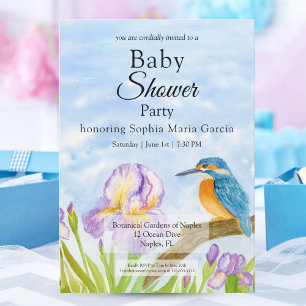  Kingfisher with Purple Irises Baby Shower Invitation