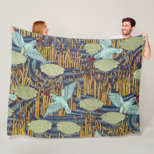 KINGFISHERS AND FLOWERING RUSH Art Nouveau Floral Fleece Blanket
