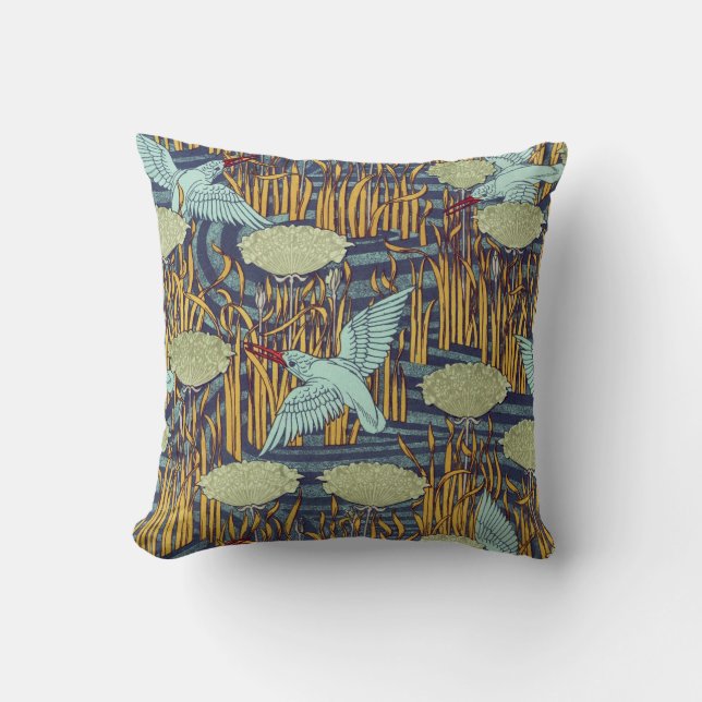 KINGFISHERS AND FLOWERING RUSH Art Nouveau Floral Throw Pillow (Front)