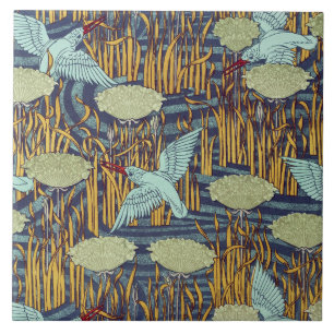 KINGFISHERS AND FLOWERING RUSH Art Nouveau Floral Tile