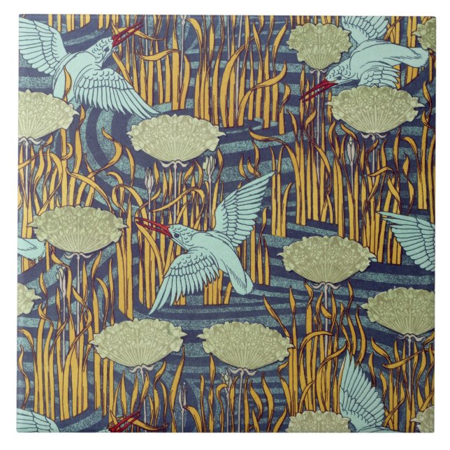 KINGFISHERS AND FLOWERING RUSH Art Nouveau Floral Tile (Front)