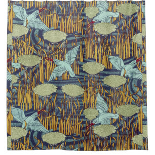 KINGFISHERS IN FLOWERING RUSH Art Nouveau Floral 