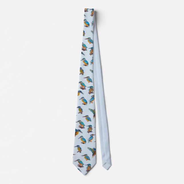 Kingfishers painted on a pale blue background tie (Front)