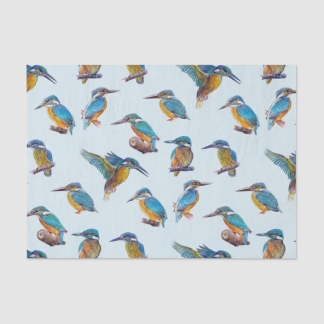 Kingfishers painted on a pale blue background tissue paper (Front)