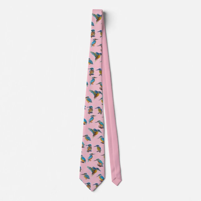 Kingfishers painted on a pale pink background tie (Front)
