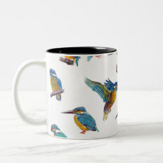 Kingfishers painted on a white background Two-Tone coffee mug