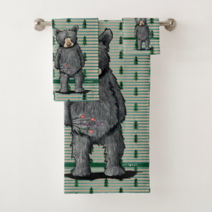 KiniArt Black Bear and Trees Bath Towel Set