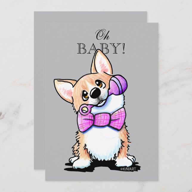 KiniArt Corgi Pink and Grey Invitations (Front/Back)