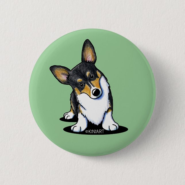 KiniArt Tri Curious Corgi Button (Front)