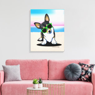 KiniArt Tricolor Corgi Dog Beach Canvas Print