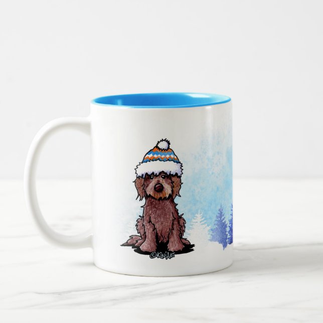 KiniArt Winter Chocolate Doodle Dog Two-Tone Coffee Mug (Left)