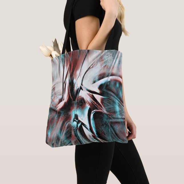 kinked brown red to blue pixelated drizzle texture tote bag (Close Up)