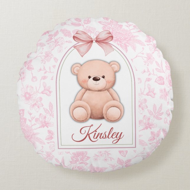 Kinsley | Custom Pink Teddy Bear Nursery Design  Round Pillow (Front)
