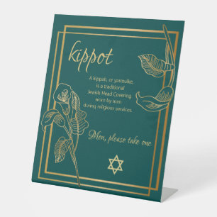 Kippah Yarmulke Table Sign Gold Lilies on Green
