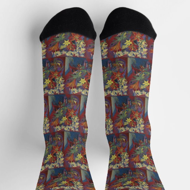  Kirchner Expressionist Vibrant Orange Lilies Art Socks (Top)