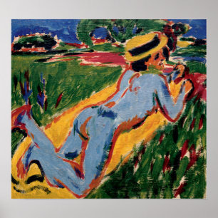Kirchner - Lying Blue Figure With Straw Hat Poster