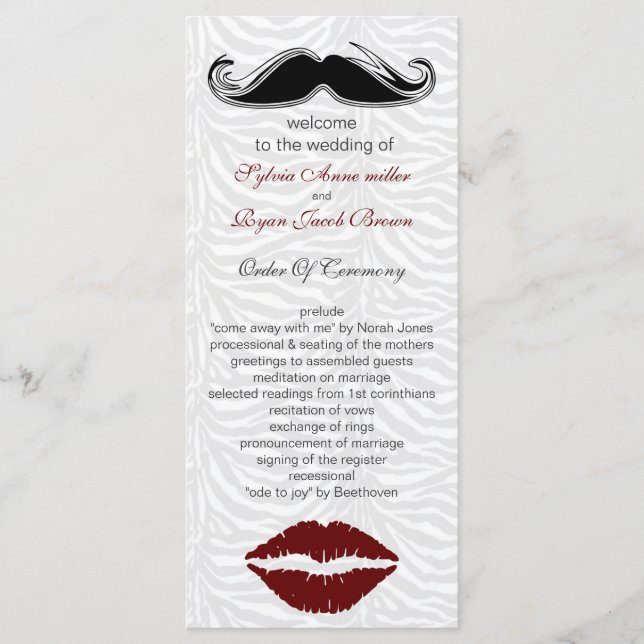 kiss and moustache zebra stripes wedding program (Front)