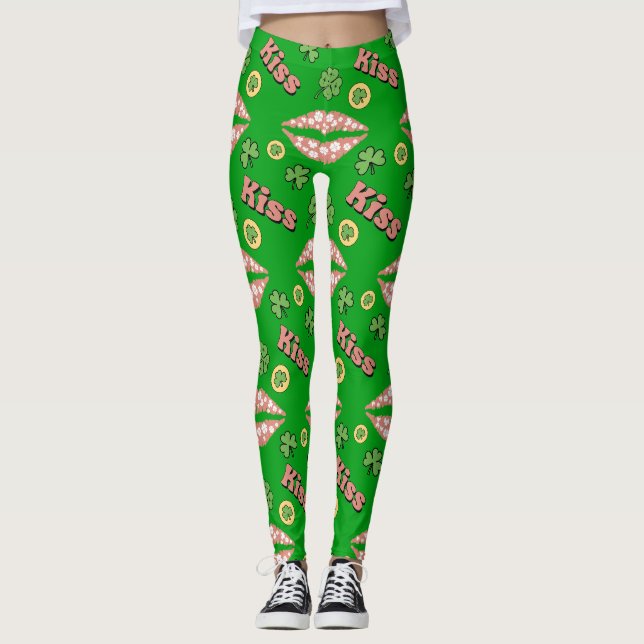 Kiss Clover Lips Shamrock St Patricks Day Leggings (Front)