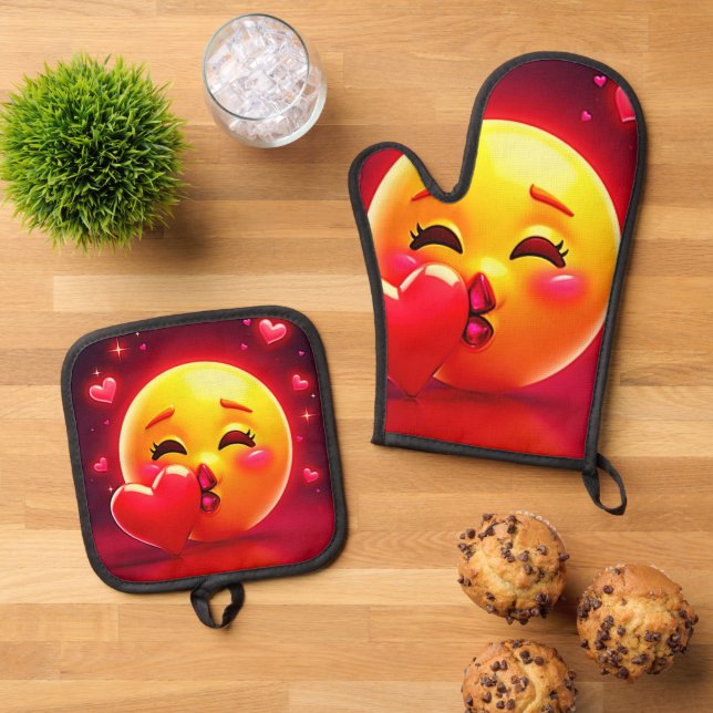 Kiss Emoji: Love and Hearts Art Oven Mitt & Pot Holder Set (Top Down)