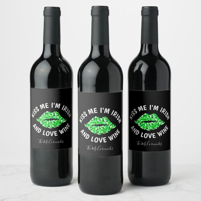 Kiss I'm Irish Funny St Patricks Day Personalized Wine Label (Bottles)