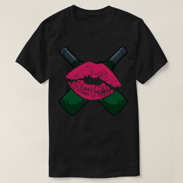 Kiss Lip with Bottle of Wine T-Shirt (Design Front)
