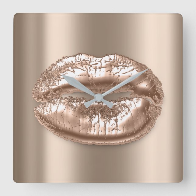 Kiss Lips Beige Bronze Rose Metal Makeup Artist Square Wall Clock (Front)