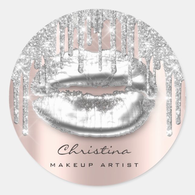 Kiss Lips Makeup Artist Glitter Drips Sparkly Grey Classic Round Sticker (Front)