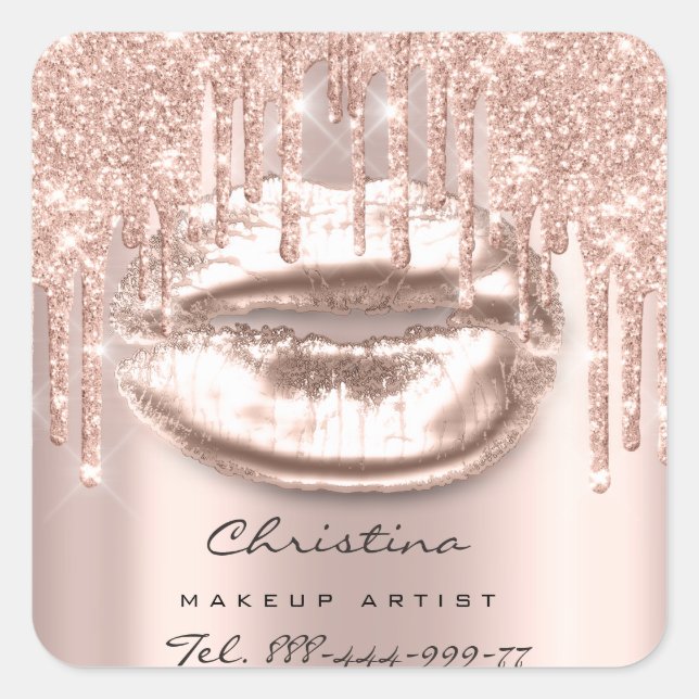Kiss Lips Makeup Artist Glitter Drips Sparkly Name Square Sticker (Front)
