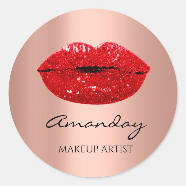 Kiss Lips Makeup  Artist  Name Thank Rose Red Classic Round Sticker (Front)