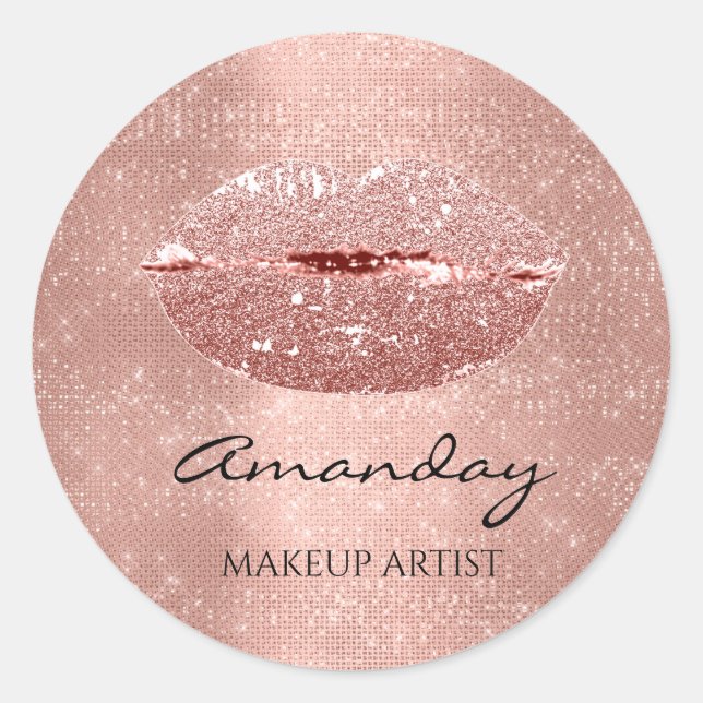 Kiss Lips Makeup Custom Name Rose Gold Classic Round Sticker (Front)