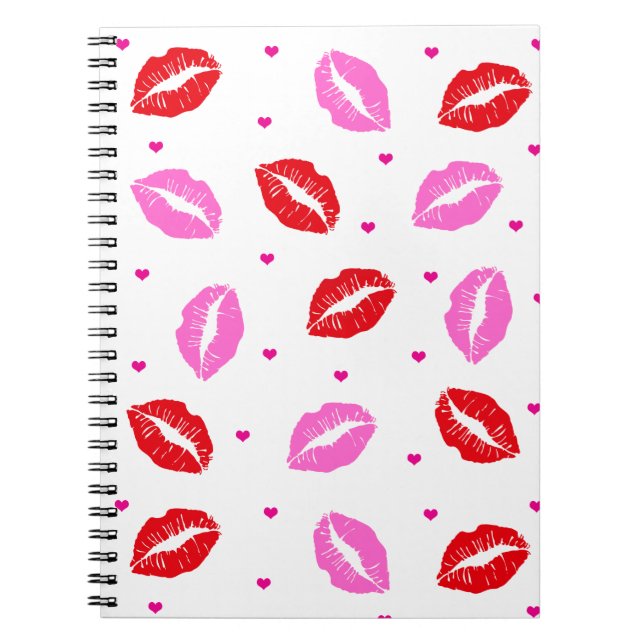 Kiss Lips Pink and Red, Hearts Notebook  (Front)