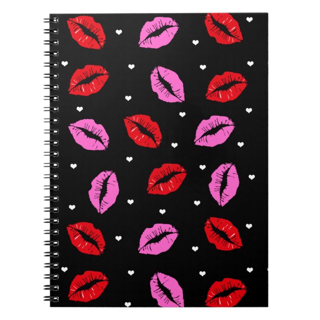 Kiss Lips Pink and Red, Hearts Notebook BLK (Front)