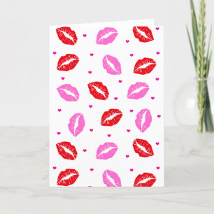 Kiss Lips Pink Red Hearts Greeting Carfd Holiday Card
