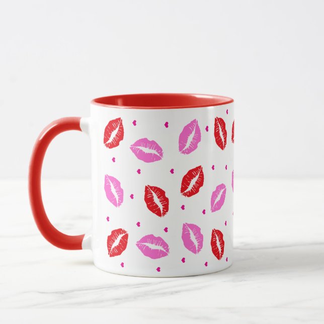 Kiss Lips rose et rouge, Coeur en céramique Mug (Gauche)