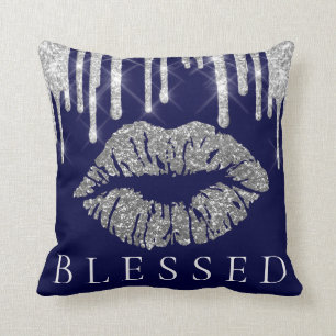 Kiss Lips Silver Grey Drips Glitter Navy Blessed Throw Pillow