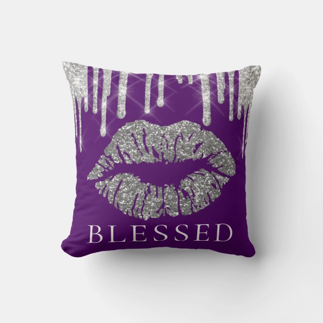 Kiss Lips Silver Grey Drips Glitter Purple Blessed Throw Pillow (Front)