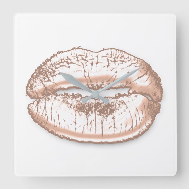 Kiss Lips White Pink Rose Gold Makeup Square Wall Clock (Front)