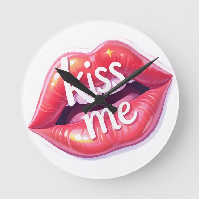 Kiss Me Glossy Red Lips Art Illustration Round Clock (Front)