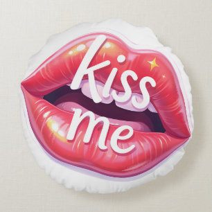 Kiss Me Glossy Red Lips Art Illustration Round Pillow