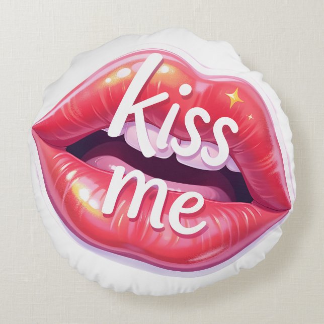 Kiss Me Glossy Red Lips Art Illustration Round Pillow (Back)