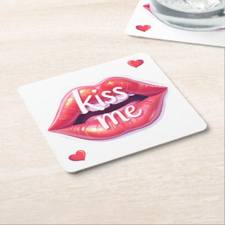 Kiss Me Glossy Red Lips Art Illustration Square Paper Coaster