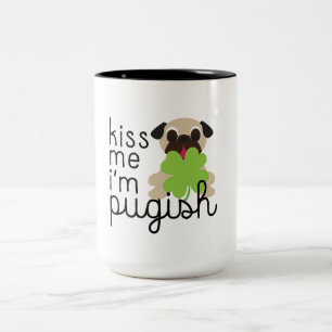 Kiss Me I’m Pugish Saint Patricks Day Pug Clover Two-Tone Coffee Mug