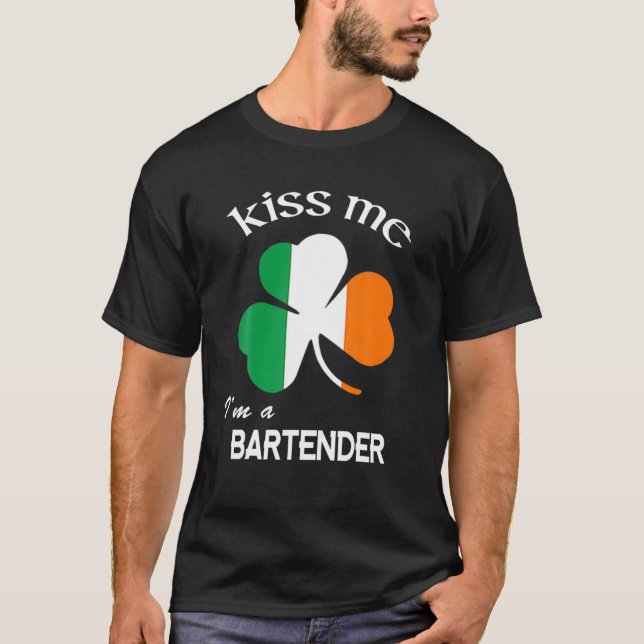 Kiss Me I'm A Bartender Shamrock St. Patrick's Day T-Shirt (Front)