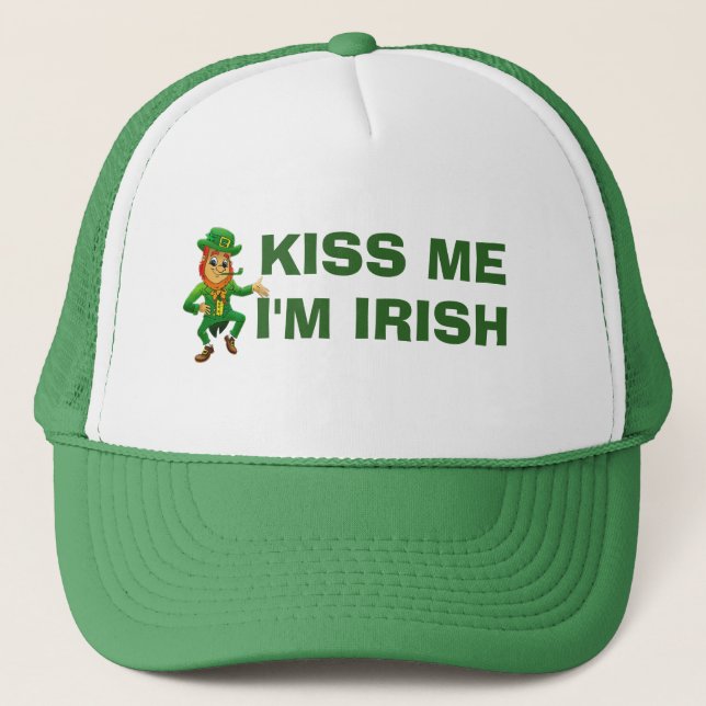 Kiss Me Im Irish Funny St Patricks Day Leprechaun Trucker Hat (Front)
