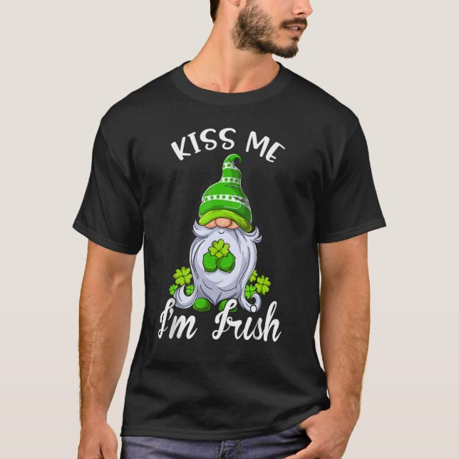 Kiss Me I'm Irish. Gnome Shamrock Clover Saint Pat T-Shirt (Front)