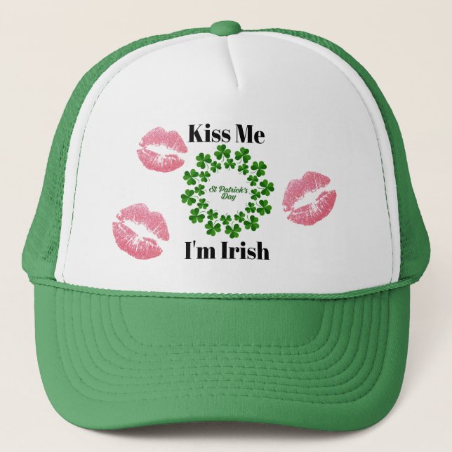 Kiss Me I'm Irish Green And White Trucker Hat (Front)